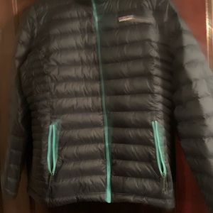 Women’s down sweater jacket, blue, large.